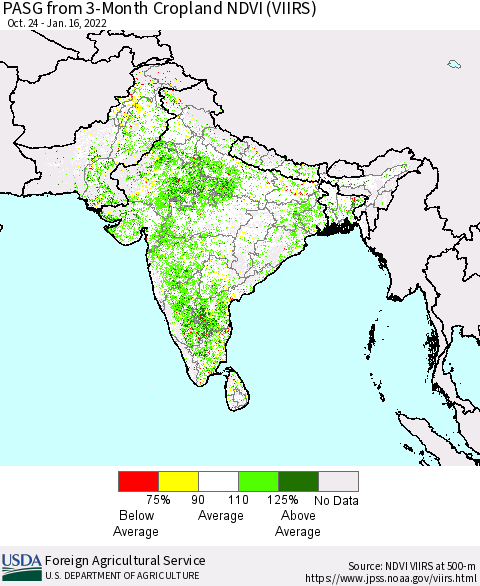 Southern Asia PASG from 3-Month Cropland NDVI (VIIRS) Thematic Map For 1/11/2022 - 1/20/2022