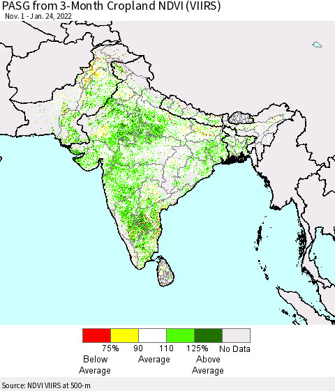 Southern Asia PASG from 3-Month Cropland NDVI (VIIRS) Thematic Map For 1/17/2022 - 1/24/2022