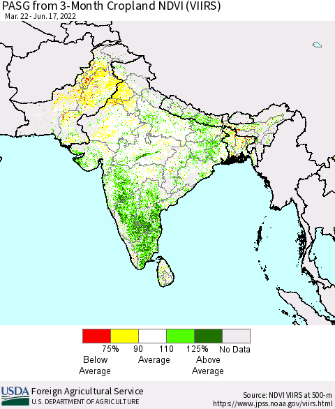 Southern Asia PASG from 3-Month Cropland NDVI (VIIRS) Thematic Map For 6/11/2022 - 6/20/2022