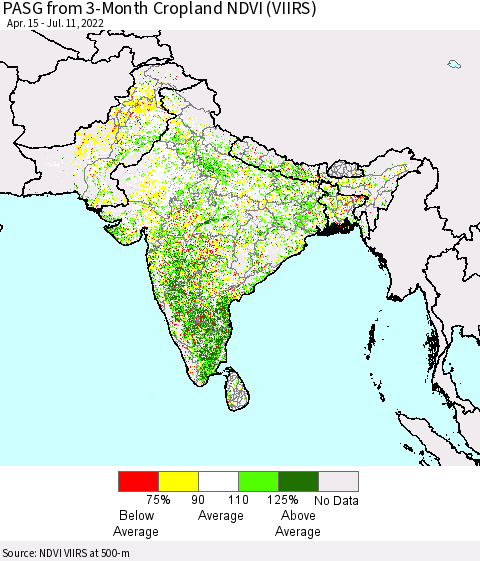 Southern Asia PASG from 3-Month Cropland NDVI (VIIRS) Thematic Map For 7/4/2022 - 7/11/2022