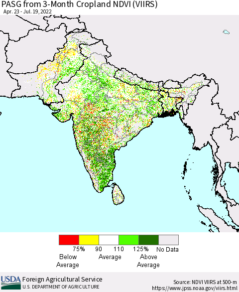 Southern Asia PASG from 3-Month Cropland NDVI (VIIRS) Thematic Map For 7/11/2022 - 7/20/2022