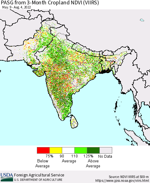 Southern Asia PASG from 3-Month Cropland NDVI (VIIRS) Thematic Map For 8/1/2022 - 8/10/2022
