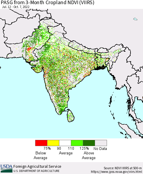 Southern Asia PASG from 3-Month Cropland NDVI (VIIRS) Thematic Map For 10/1/2022 - 10/10/2022