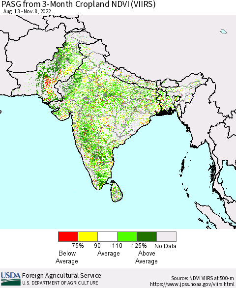 Southern Asia PASG from 3-Month Cropland NDVI (VIIRS) Thematic Map For 11/1/2022 - 11/10/2022