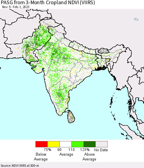 Southern Asia PASG from 3-Month Cropland NDVI (VIIRS) Thematic Map For 1/25/2023 - 2/1/2023