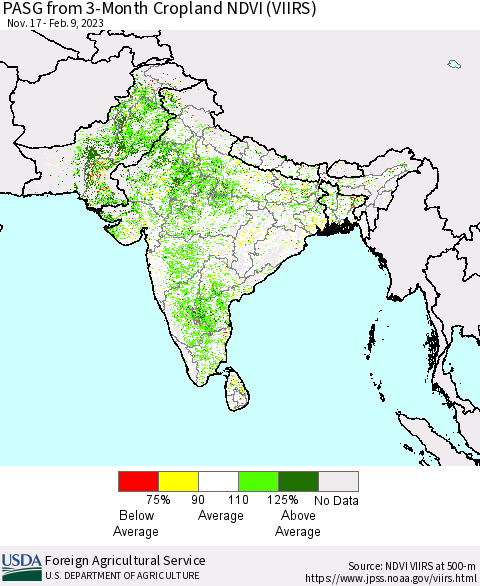 Southern Asia PASG from 3-Month Cropland NDVI (VIIRS) Thematic Map For 2/1/2023 - 2/10/2023