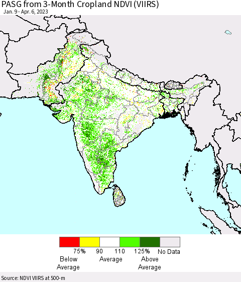 Southern Asia PASG from 3-Month Cropland NDVI (VIIRS) Thematic Map For 3/30/2023 - 4/6/2023