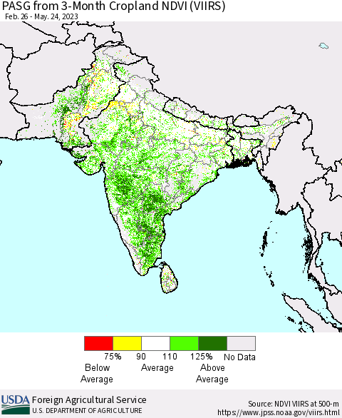 Southern Asia PASG from 3-Month Cropland NDVI (VIIRS) Thematic Map For 5/21/2023 - 5/31/2023