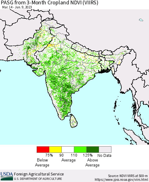 Southern Asia PASG from 3-Month Cropland NDVI (VIIRS) Thematic Map For 6/1/2023 - 6/10/2023