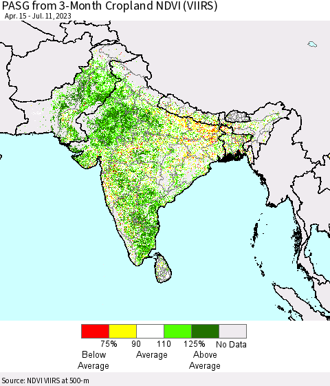 Southern Asia PASG from 3-Month Cropland NDVI (VIIRS) Thematic Map For 7/4/2023 - 7/11/2023