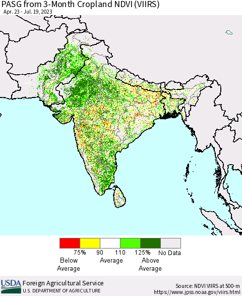 Southern Asia PASG from 3-Month Cropland NDVI (VIIRS) Thematic Map For 7/11/2023 - 7/20/2023
