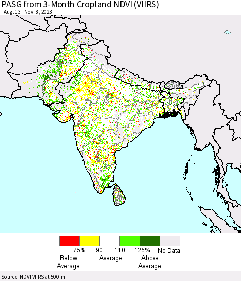 Southern Asia PASG from 3-Month Cropland NDVI (VIIRS) Thematic Map For 11/1/2023 - 11/8/2023