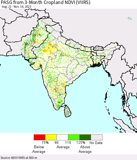 Southern Asia PASG from 3-Month Cropland NDVI (VIIRS) Thematic Map For 11/9/2023 - 11/16/2023