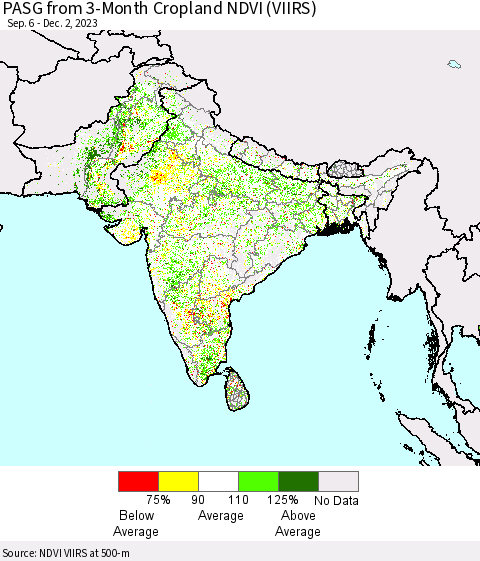 Southern Asia PASG from 3-Month Cropland NDVI (VIIRS) Thematic Map For 11/25/2023 - 12/2/2023