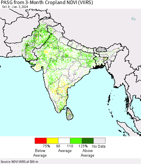 Southern Asia PASG from 3-Month Cropland NDVI (VIIRS) Thematic Map For 12/27/2023 - 1/3/2024