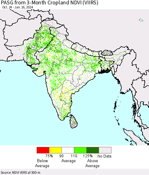 Southern Asia PASG from 3-Month Cropland NDVI (VIIRS) Thematic Map For 1/9/2024 - 1/16/2024