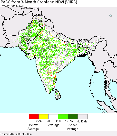 Southern Asia PASG from 3-Month Cropland NDVI (VIIRS) Thematic Map For 1/25/2024 - 2/1/2024