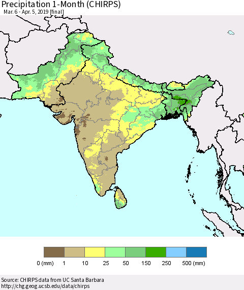 Southern Asia Precipitation 1-Month (CHIRPS) Thematic Map For 3/6/2019 - 4/5/2019