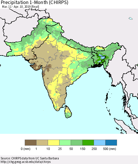 Southern Asia Precipitation 1-Month (CHIRPS) Thematic Map For 3/11/2019 - 4/10/2019