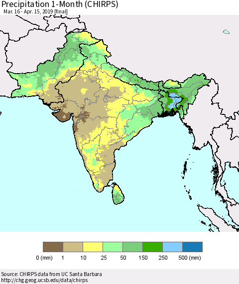 Southern Asia Precipitation 1-Month (CHIRPS) Thematic Map For 3/16/2019 - 4/15/2019