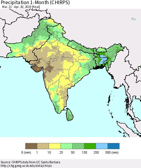 Southern Asia Precipitation 1-Month (CHIRPS) Thematic Map For 3/21/2019 - 4/20/2019