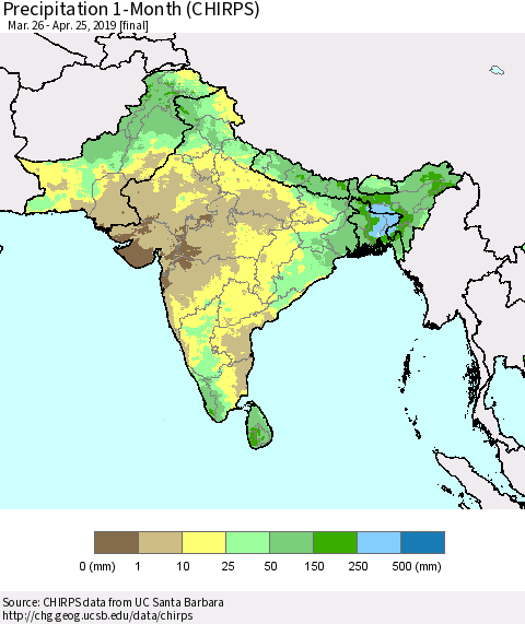 Southern Asia Precipitation 1-Month (CHIRPS) Thematic Map For 3/26/2019 - 4/25/2019