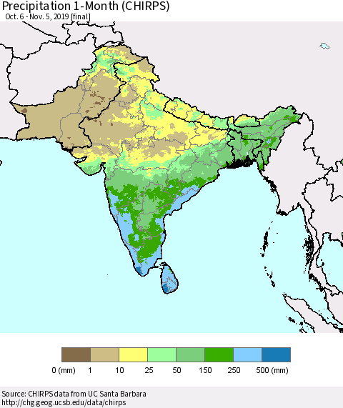 Southern Asia Precipitation 1-Month (CHIRPS) Thematic Map For 10/6/2019 - 11/5/2019