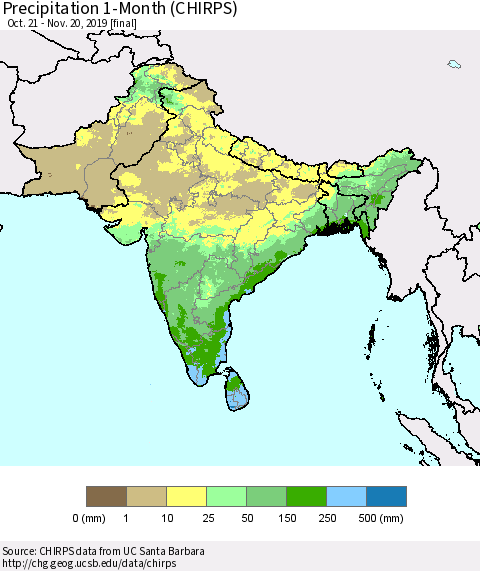 Southern Asia Precipitation 1-Month (CHIRPS) Thematic Map For 10/21/2019 - 11/20/2019