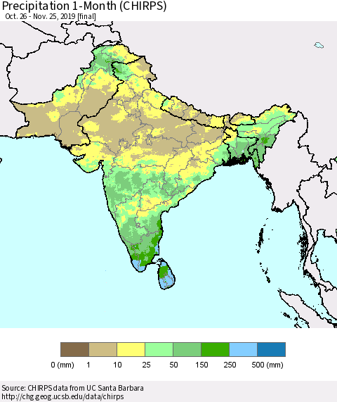Southern Asia Precipitation 1-Month (CHIRPS) Thematic Map For 10/26/2019 - 11/25/2019