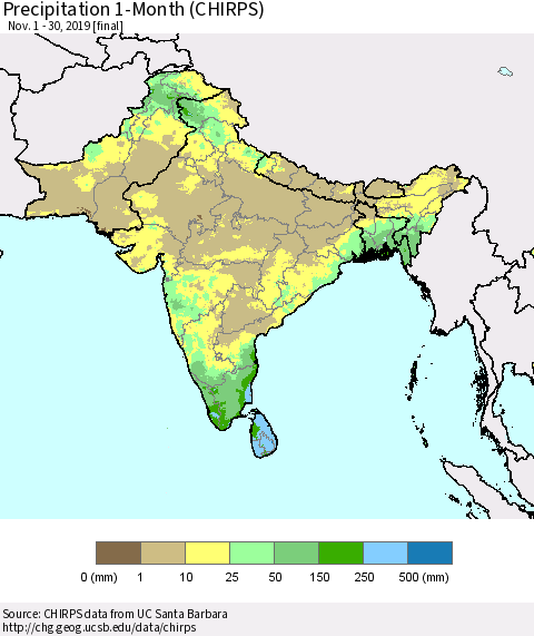 Southern Asia Precipitation 1-Month (CHIRPS) Thematic Map For 11/1/2019 - 11/30/2019