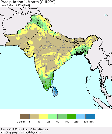 Southern Asia Precipitation 1-Month (CHIRPS) Thematic Map For 11/6/2019 - 12/5/2019