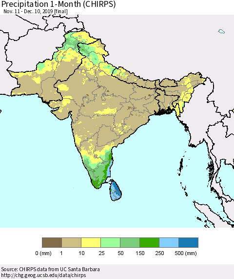 Southern Asia Precipitation 1-Month (CHIRPS) Thematic Map For 11/11/2019 - 12/10/2019