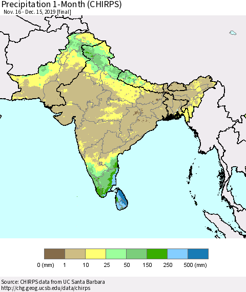 Southern Asia Precipitation 1-Month (CHIRPS) Thematic Map For 11/16/2019 - 12/15/2019