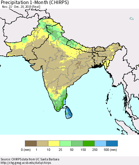 Southern Asia Precipitation 1-Month (CHIRPS) Thematic Map For 11/21/2019 - 12/20/2019