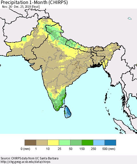 Southern Asia Precipitation 1-Month (CHIRPS) Thematic Map For 11/26/2019 - 12/25/2019