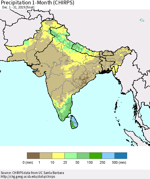 Southern Asia Precipitation 1-Month (CHIRPS) Thematic Map For 12/1/2019 - 12/31/2019