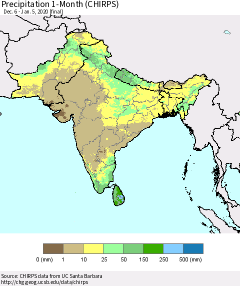 Southern Asia Precipitation 1-Month (CHIRPS) Thematic Map For 12/6/2019 - 1/5/2020