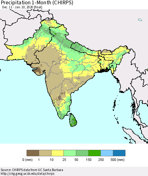 Southern Asia Precipitation 1-Month (CHIRPS) Thematic Map For 12/11/2019 - 1/10/2020