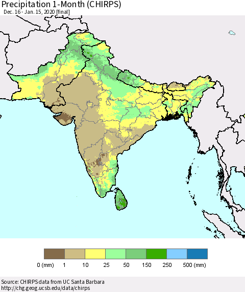 Southern Asia Precipitation 1-Month (CHIRPS) Thematic Map For 12/16/2019 - 1/15/2020