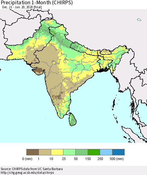 Southern Asia Precipitation 1-Month (CHIRPS) Thematic Map For 12/21/2019 - 1/20/2020