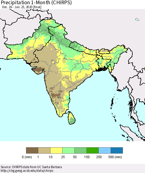 Southern Asia Precipitation 1-Month (CHIRPS) Thematic Map For 12/26/2019 - 1/25/2020