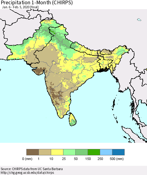 Southern Asia Precipitation 1-Month (CHIRPS) Thematic Map For 1/6/2020 - 2/5/2020