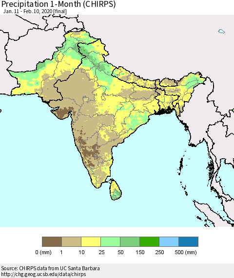 Southern Asia Precipitation 1-Month (CHIRPS) Thematic Map For 1/11/2020 - 2/10/2020