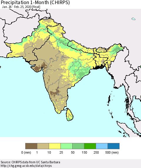 Southern Asia Precipitation 1-Month (CHIRPS) Thematic Map For 1/26/2020 - 2/25/2020