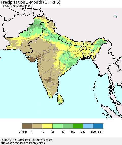 Southern Asia Precipitation 1-Month (CHIRPS) Thematic Map For 2/6/2020 - 3/5/2020