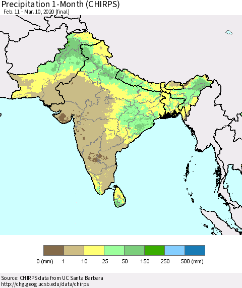 Southern Asia Precipitation 1-Month (CHIRPS) Thematic Map For 2/11/2020 - 3/10/2020