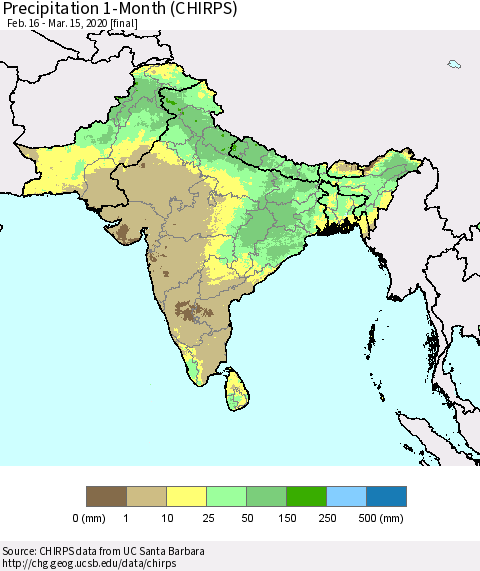 Southern Asia Precipitation 1-Month (CHIRPS) Thematic Map For 2/16/2020 - 3/15/2020