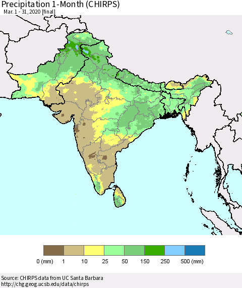Southern Asia Precipitation 1-Month (CHIRPS) Thematic Map For 3/1/2020 - 3/31/2020