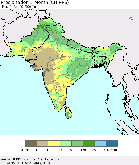 Southern Asia Precipitation 1-Month (CHIRPS) Thematic Map For 3/11/2020 - 4/10/2020
