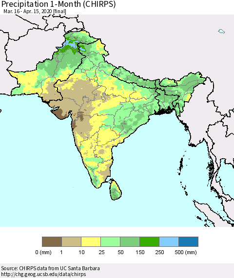 Southern Asia Precipitation 1-Month (CHIRPS) Thematic Map For 3/16/2020 - 4/15/2020